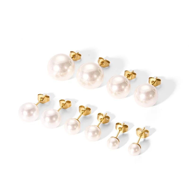 Hot Selling Fashion Minimalist PVD 18k Gold Stainless Steel Pearl Stud Earrings Women