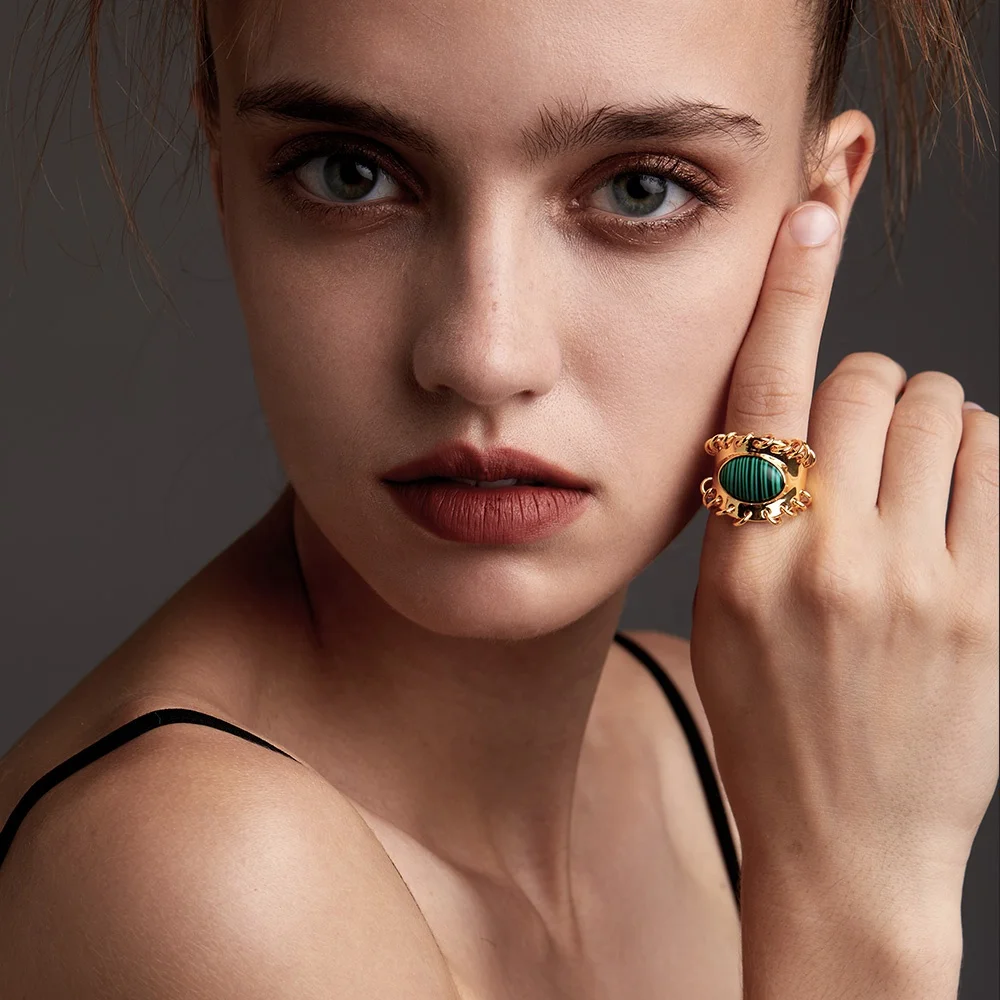Latest High Quality 18K Gold Plated Brass Jewelry Malachite Metal Charm Natural Stone Accessories Ring R214105