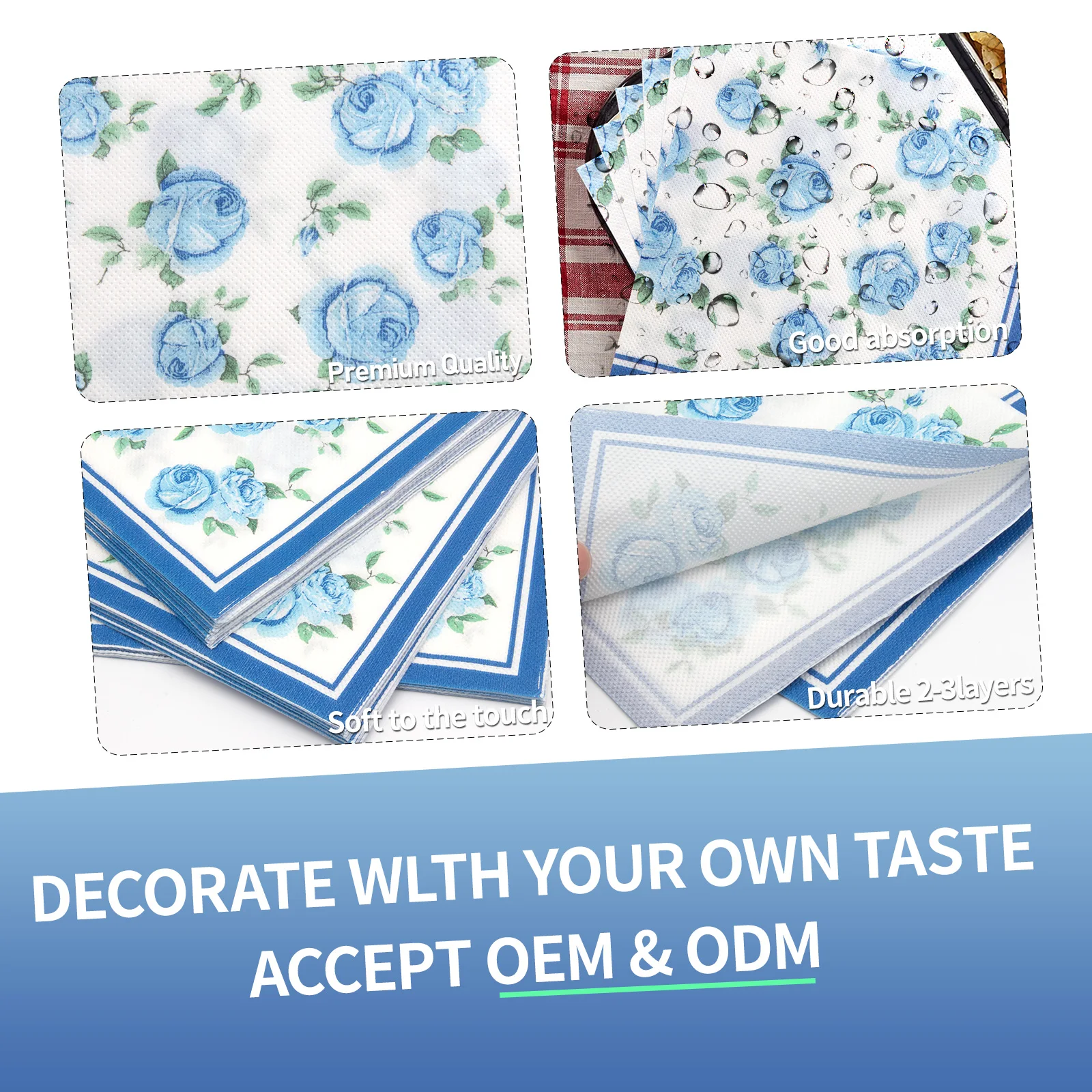 Simple Rose Cocktail Beverage Paper Serviette Folding Printed Decorative Wedding Christmas Placemats and Napkins