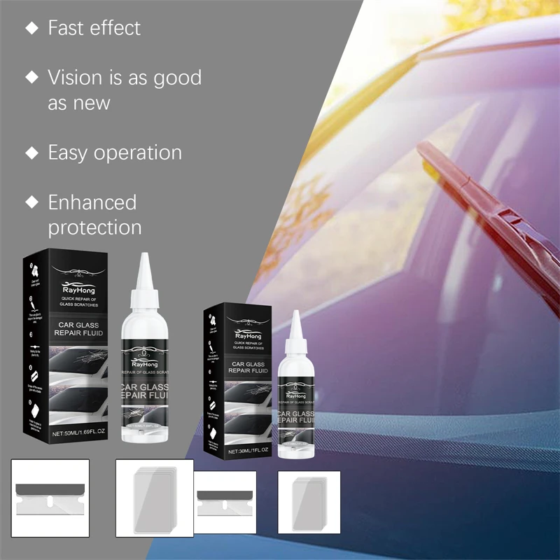 Rayhong 50ml car glass repair glue long crack crescent shape font shape cracks repairing fluid blade curing films set