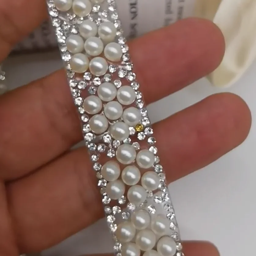 Width 2 cm Handmade Shiny Diamond lace ribbon beads Sequins pearls tulle mesh lace trim for clothing Collar