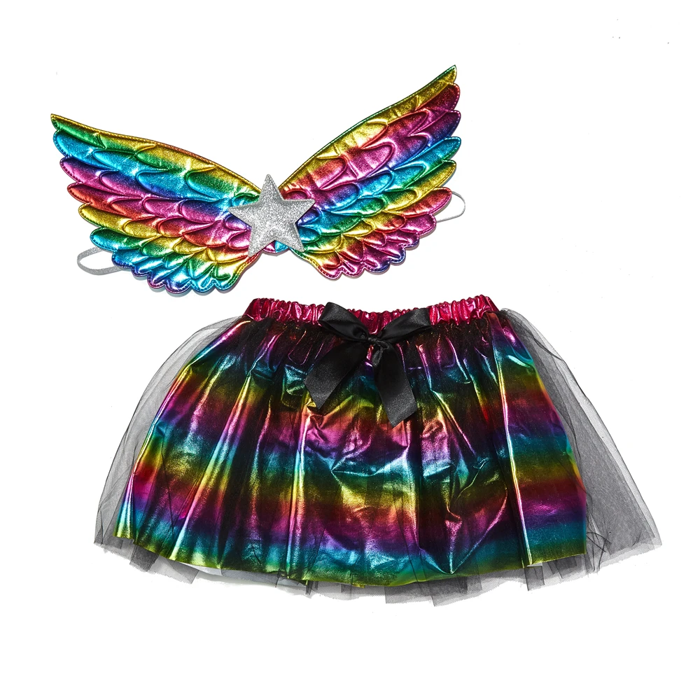Party Costume Shiny Tutu Skirt Fairy Wing and rainbow butterfly wings tutu skirt set for Princess Party Dress Up