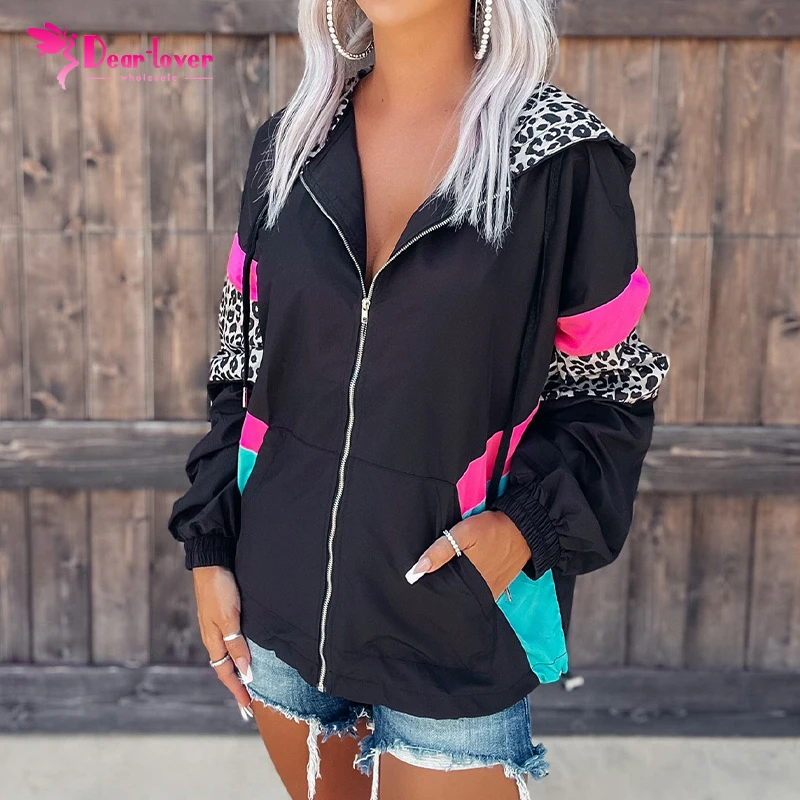 2022 Ladies Zipper Black Leopard Pink Color Block Pockets Full Zip Up hoodie Long Sleeve Shacket Jacket