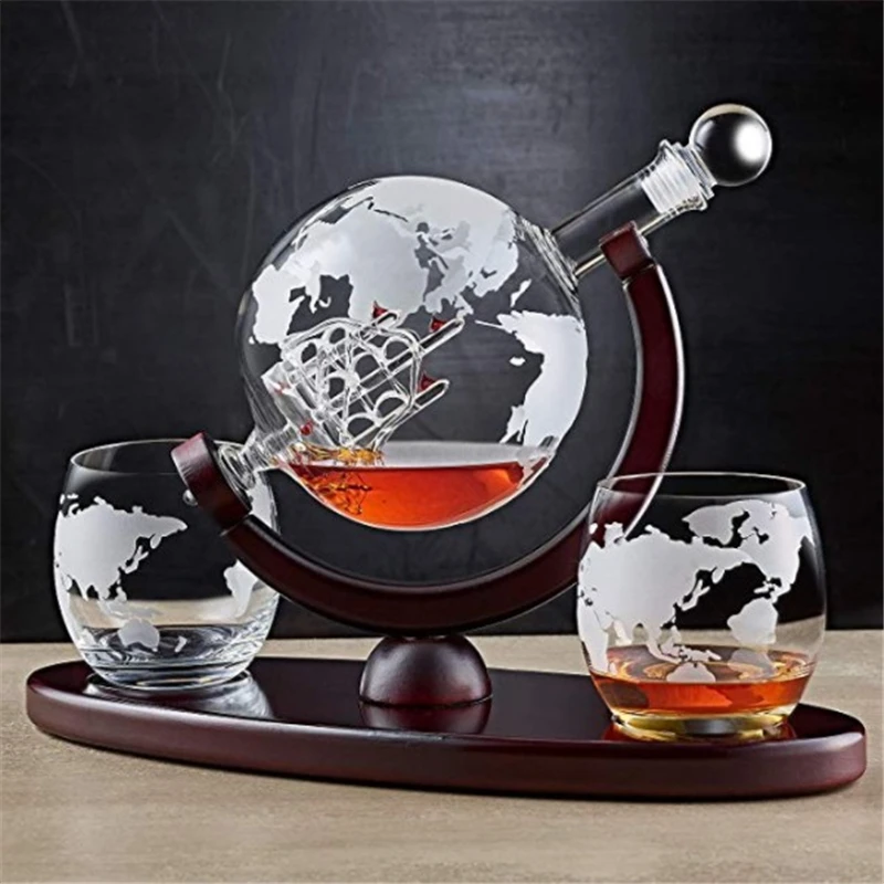 Custom Whiskey wine Decanter globe and glass Etched Globe whiskey decanter set with Wooden Base