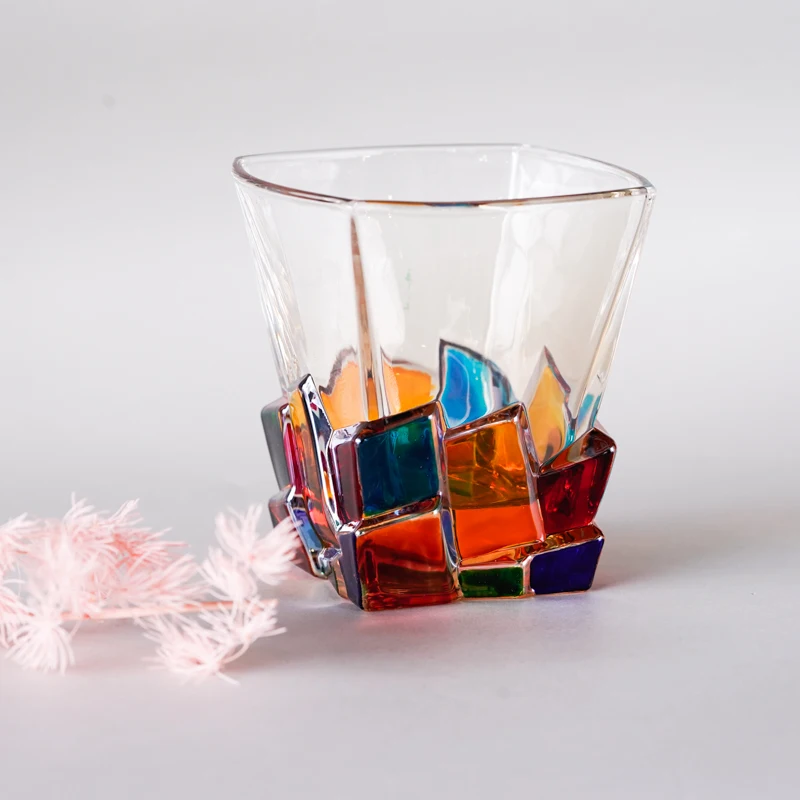 Hand Drawn Old Fashion Venetian Wine Rocks Glasses Colored Whiskey Square Rocking Glass