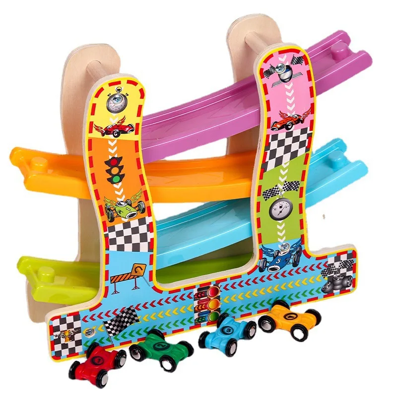 4 Layer Car Montessori Wooden Toys Plastic Inertia Coaster Racing Slide Track Early Education Kids For Children Gifts