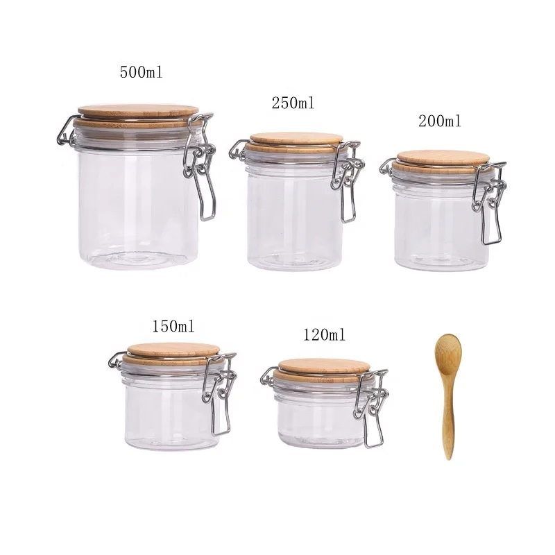 plastic cosmetic container 120 ml 150 ml 200 ml 250 ml 500 ml empty pet jar with bamboo lid wooden cosmetic jar