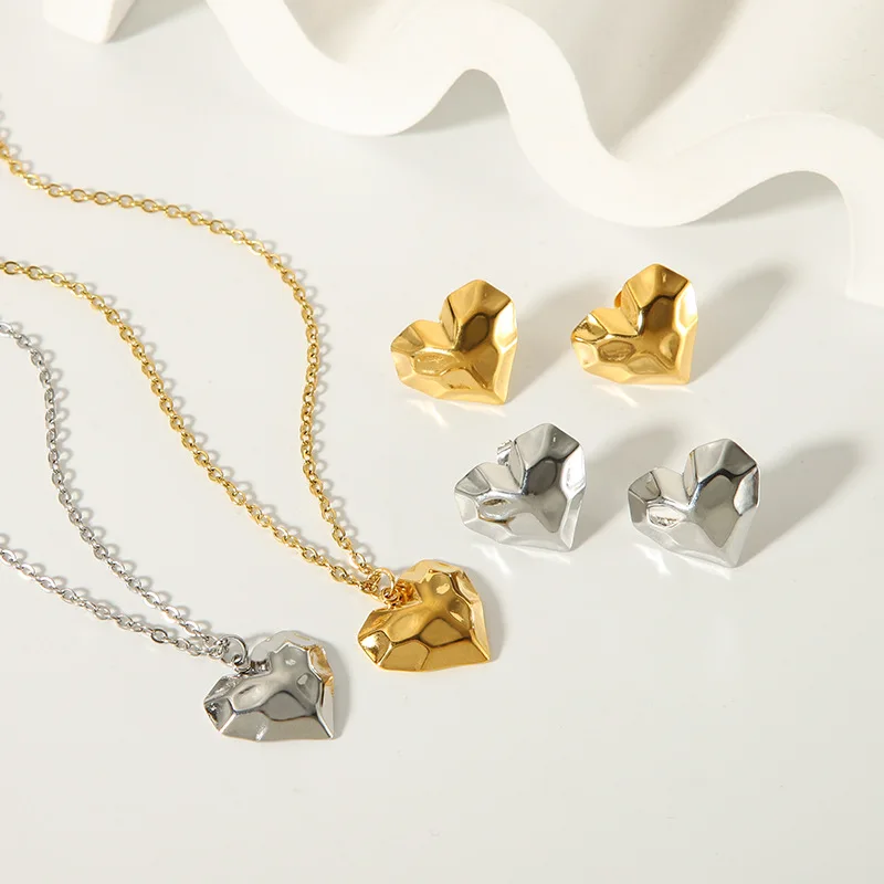 XL24080 Diamond Cut Love Earrings Concave Heart 18K Gold Plated  Stainless Steel Earrings Necklace For Women