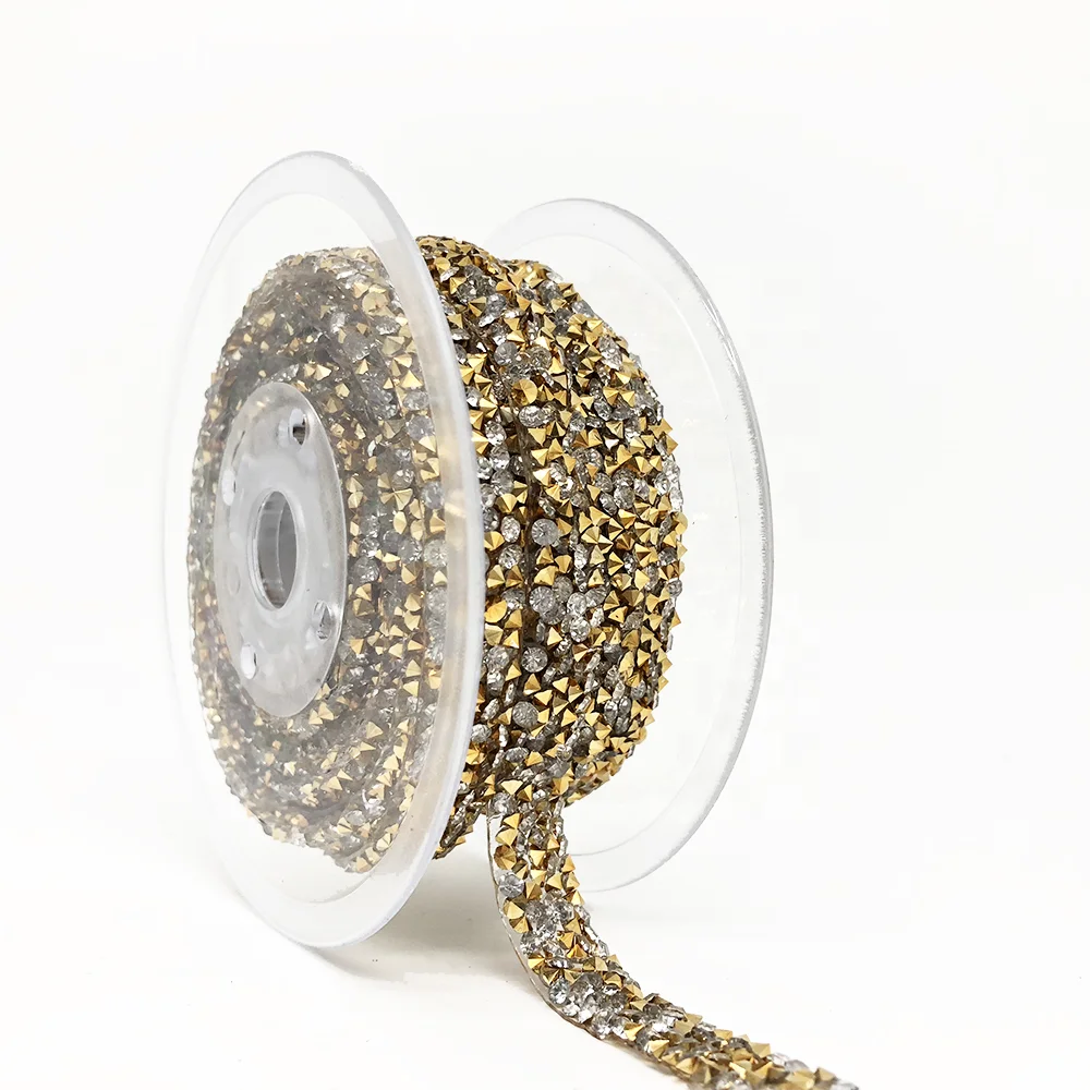 L076 1cm width iron on heat transfer hot fix crystal rock ribbon Gilded bottom crystal  resin rhinestone trimming tape for shoes