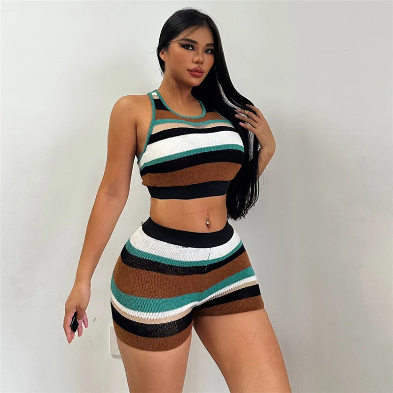 YC2378 2023 Summer Casual Sleeveless Short Tank Top Contrast Wrapped Hip Shorts Striped Knitted Two Piece Set for Women