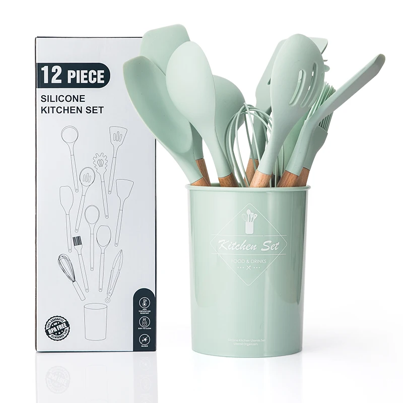 Kingwise Cocina Kitchenware Wholesale 12 Pieces Set Wood Handle Cooking Tools Silicone Kitchen Eco Friendly Serving Utensils Set