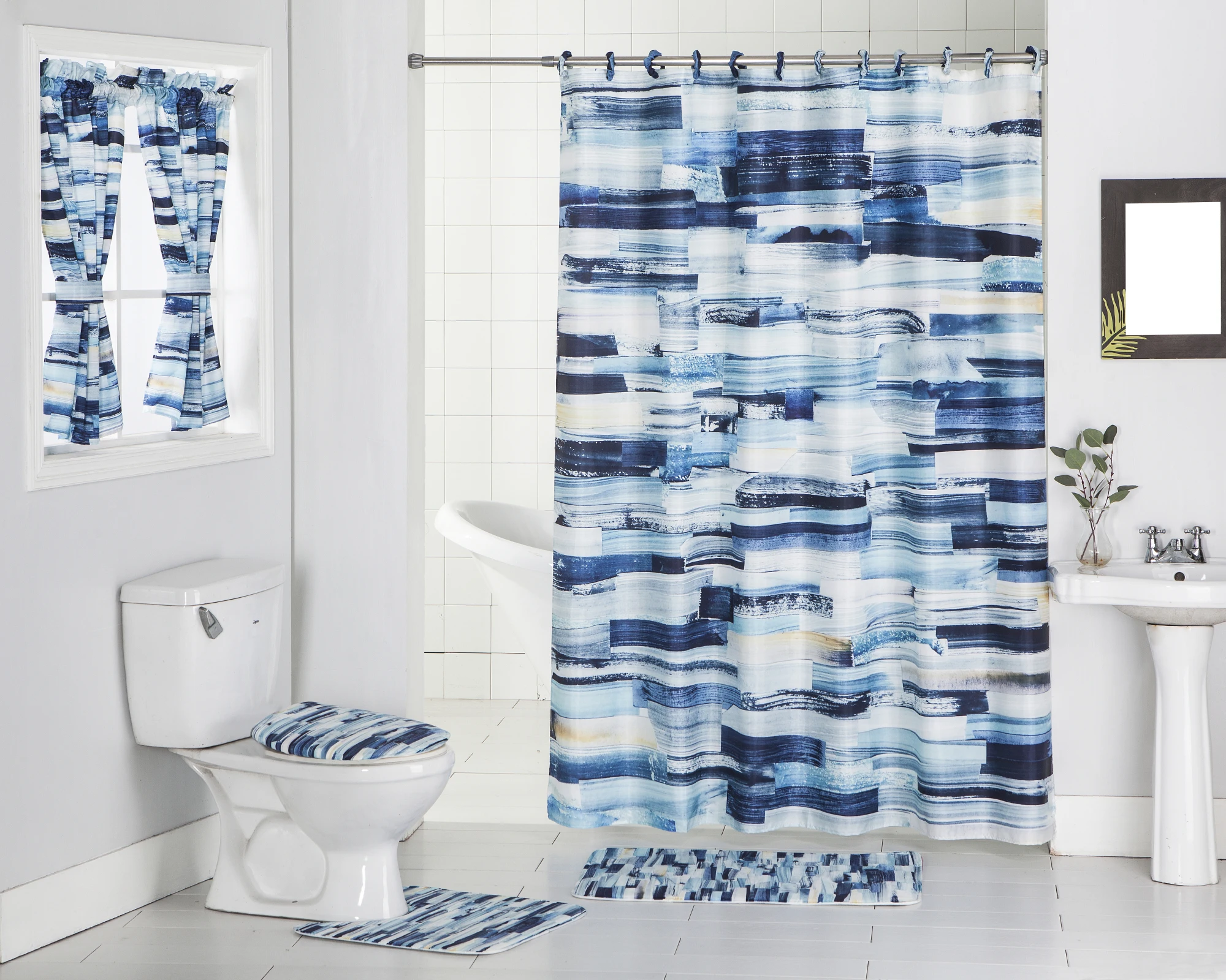 5 Pieces Printed Non-Slip Bathroom Set ,Window and Shower Curtain,Bath Rug,Toilet Lid Cover