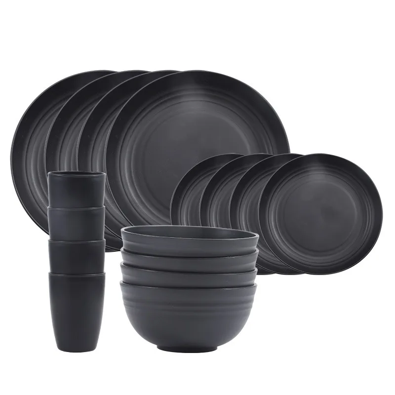 Wheat straw material Black Dinner Plate small plate Cup Plate and Bowl Cup tableware suit wheat gift suit
