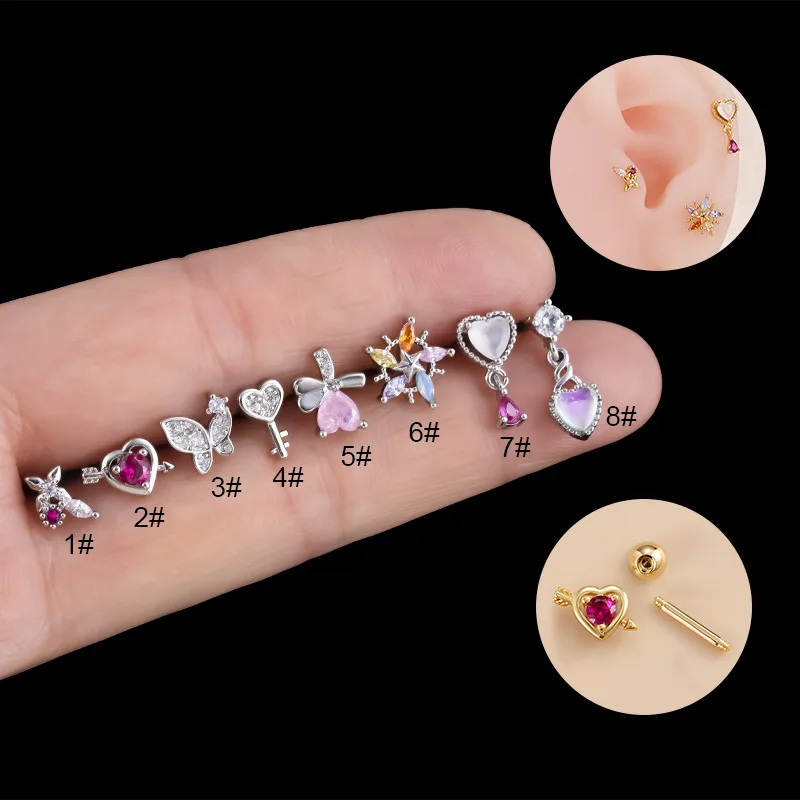 Fashion pink zircon love butterfly key flower ear bone nail double-head thread thick rod cartilage puncture ear studs 1piece