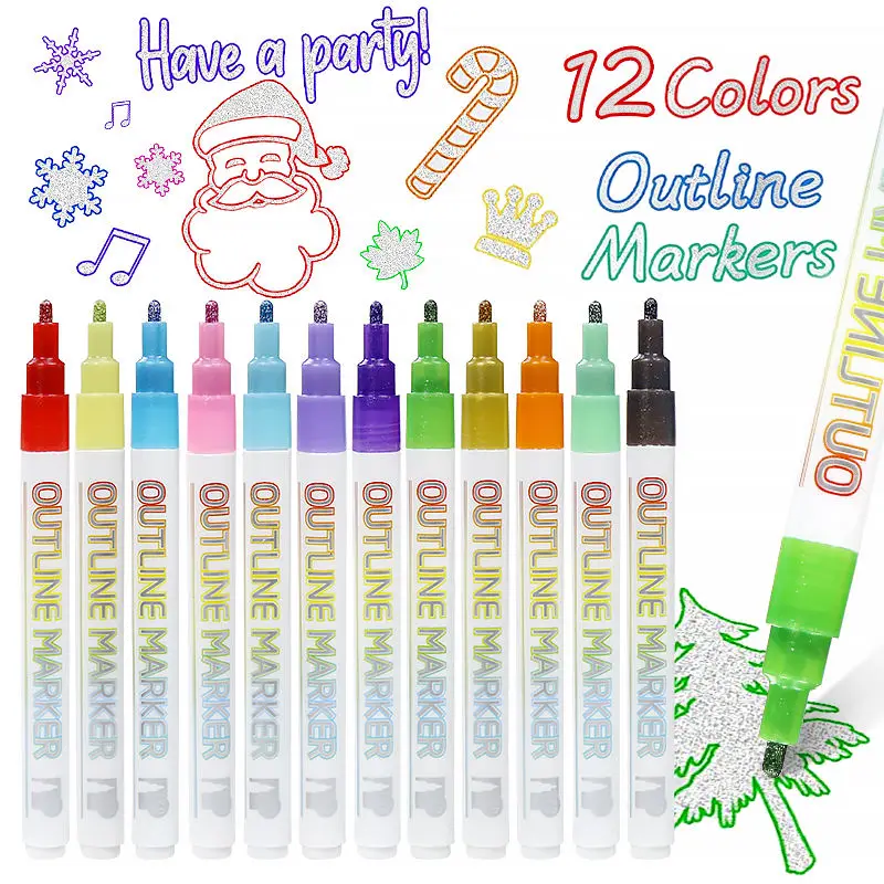 Christmas Decor 12 Colors Double Line Paint Marker Pens Outline Metallic Marker Pens for Gift Card Rock DIY Photo Album