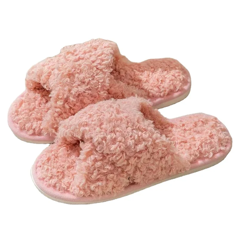 Soft Faux Fur Warm Shoes Slip on Flats Female Slides Cozy Home Furry Slippers Winter Women Crossed Slippers