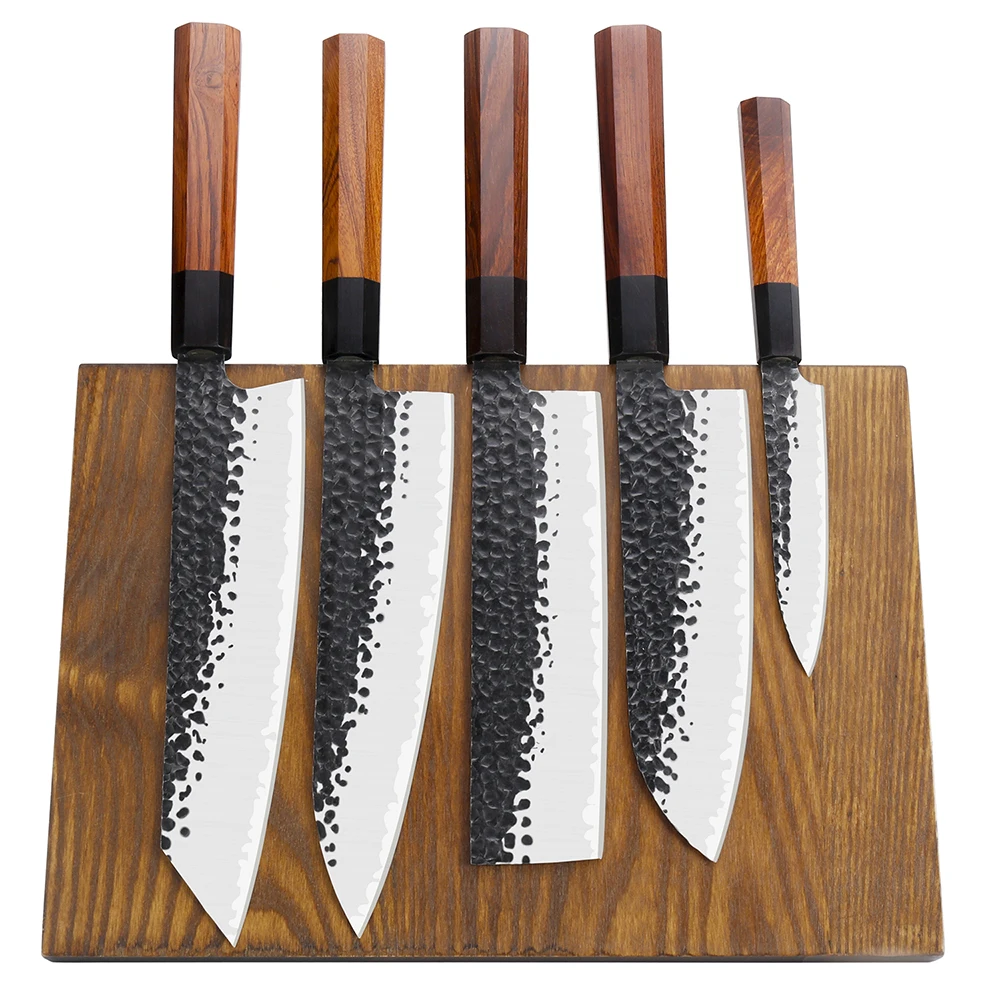 Knife Block Set with Fraxinus Mandshurica Wood Magnetic Knife Block Holder 3 Layers 9CR18MOV Clad Steel 6 Pcs Gyuto Knife Set