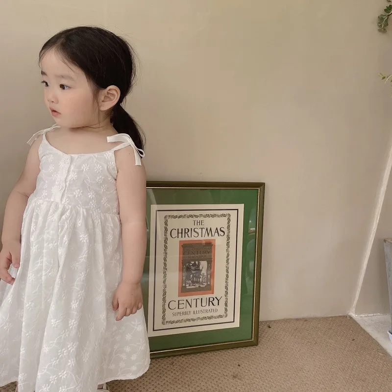 Kids Clothing Wholesale Baby Girl  korean Dress Jacquard Summer White Dresses
