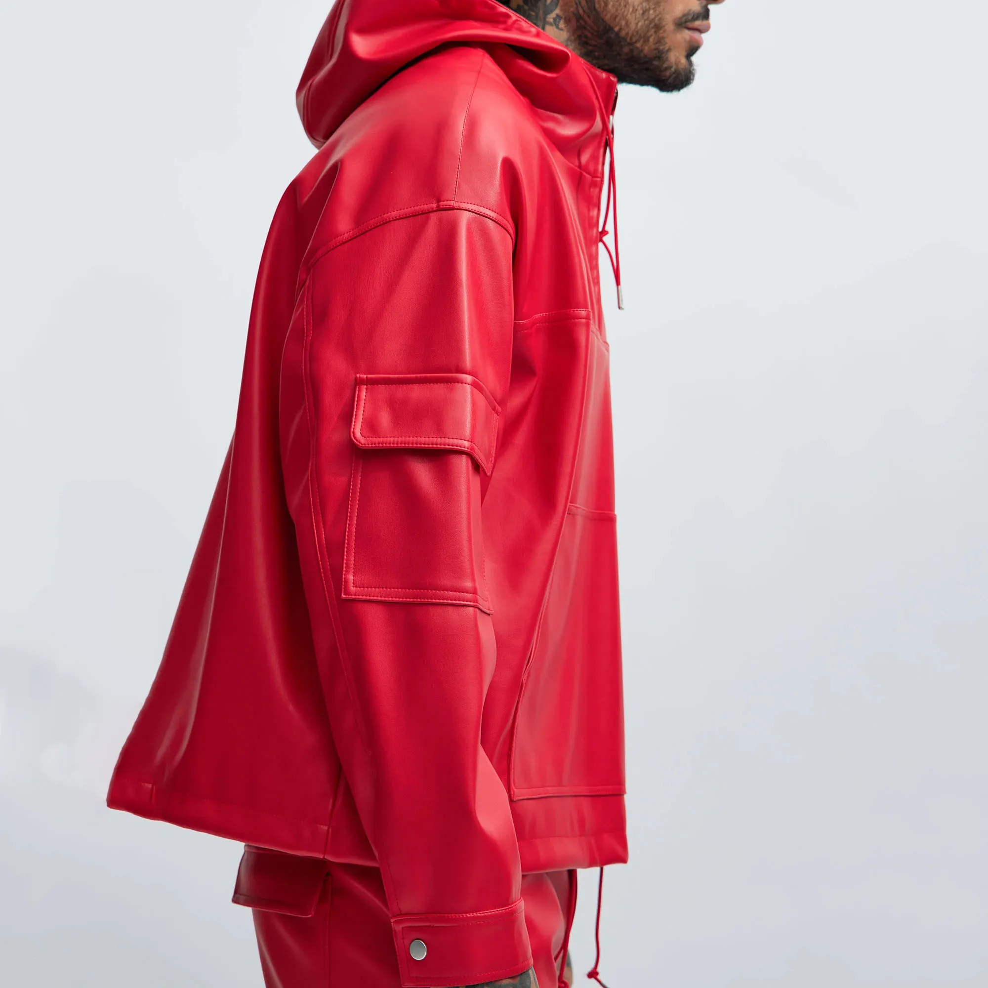 Custom New Trending Men Red Cargo Leather Pullover Jacket With Hooded Plus Size Quarter Zipper Leather Jacket For Men