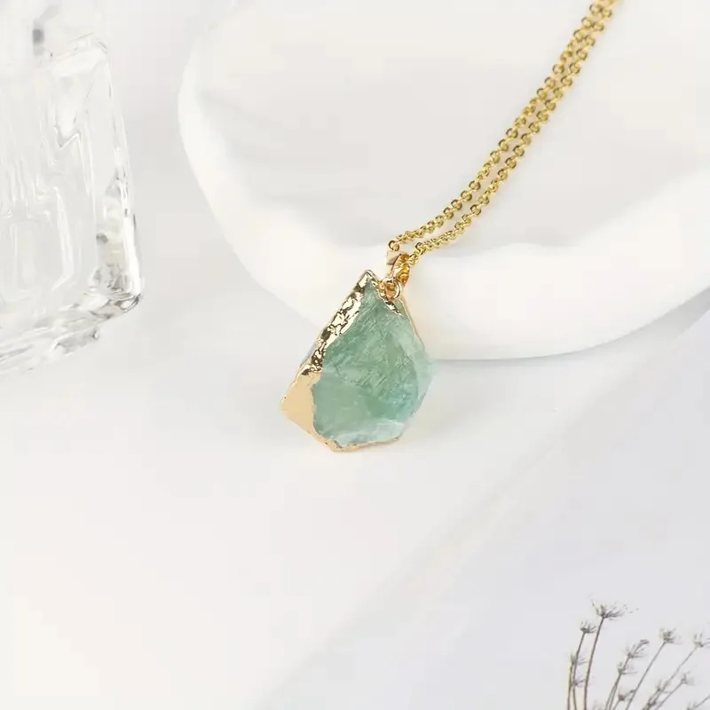 Natural irregular raw stone crystal plating gilt pendant powder crystal topaz diy jewelry women accessories necklace