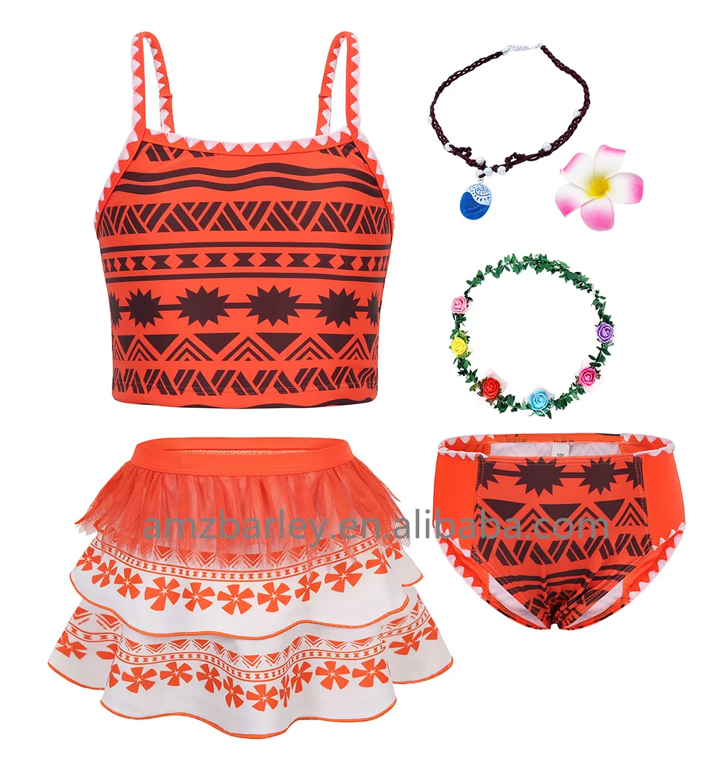 Wholesale Girl Swimsuit Sleeves Ocean Romance Adventure Vaiana Costumes 3 Pieces set Kids Cute Swimwear with Accessories