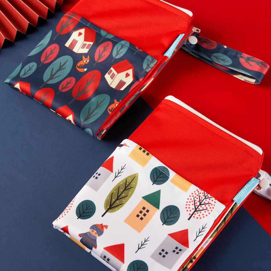 Happyflute 2-Pack Tote Polyester Baby Cloth Diaper Wet Dry Bags Waterproof Reusable with Two Pockets Logo Pattern for Swimwear