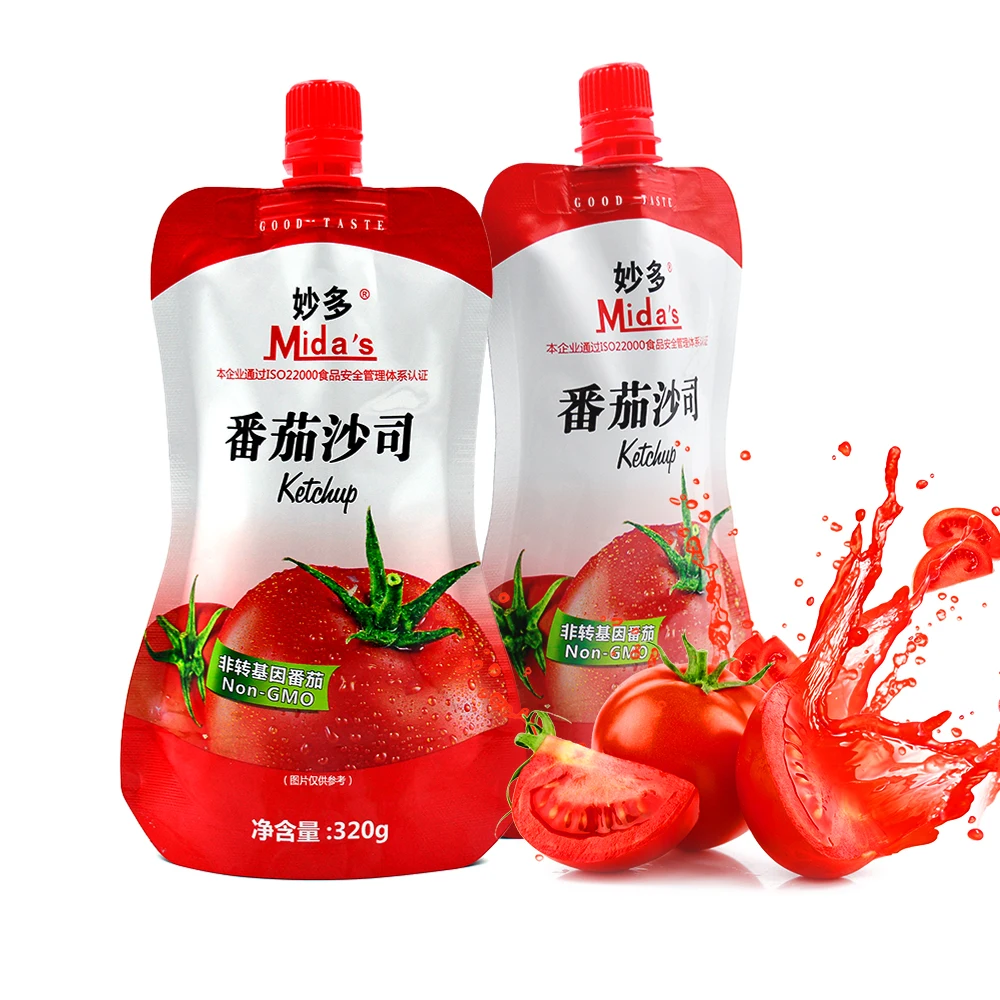 Custom Wholesale 320g Reusable Food Packaging Self Standing Ketchup Plastic Bag with Stand-Up Spouted Sachet for Tomato Paste