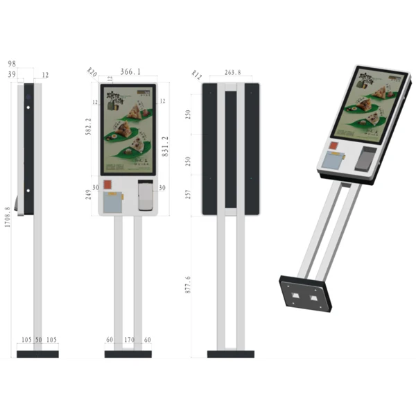 Floor standing touch interactive self service information kiosk in shopping mall and restaurant