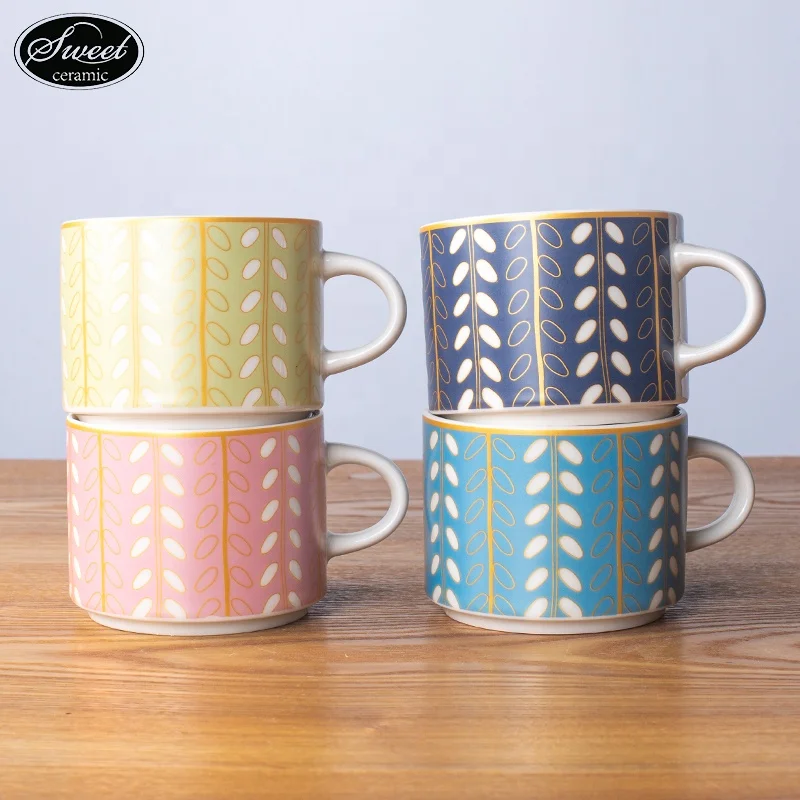 Custom Ceramic 11oz  stackable mug  with golden electroplating handle Coffee mug breakfast cup