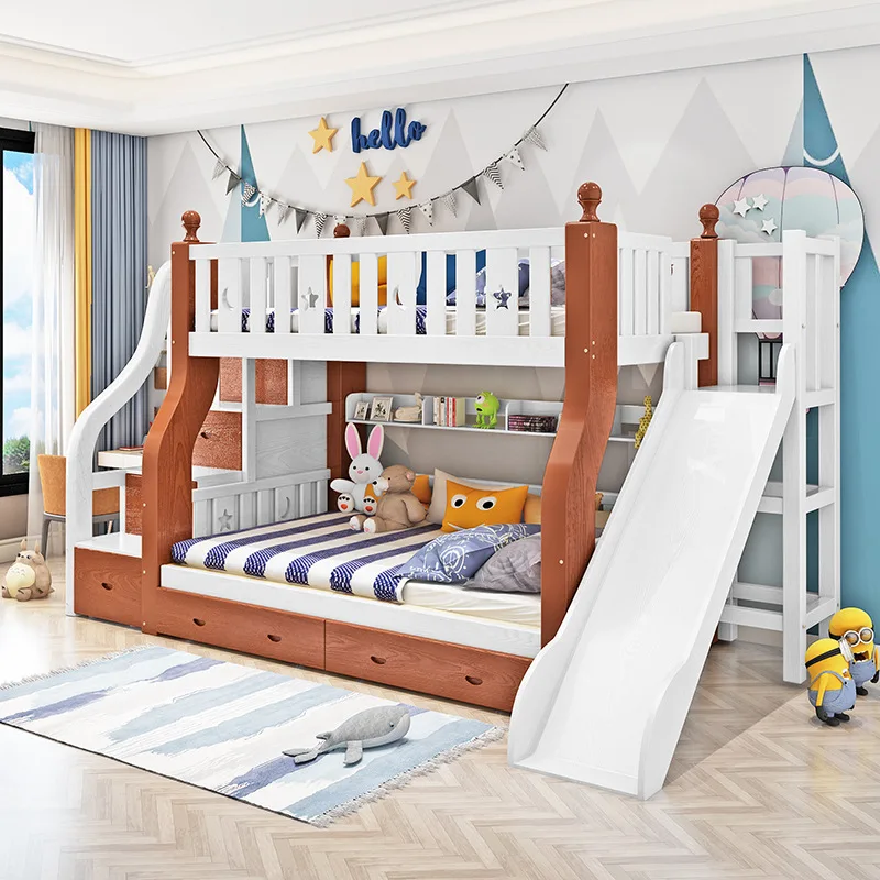 
Solid Wood Twin Bunk Beds slide with Storage Drawers Kids Bunk beds wooden children Bed Frame boy 