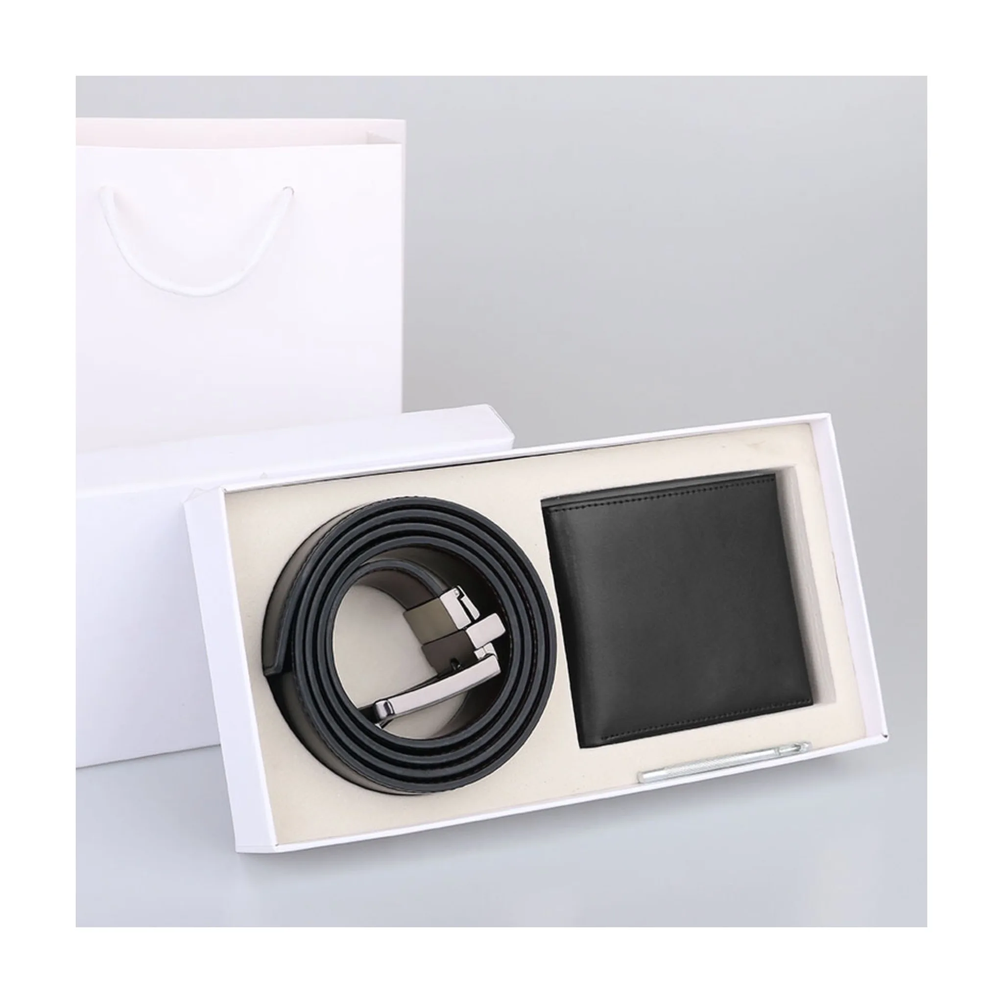 Business Gift Custom Logo Genuine leather & Alloy Gifts Classical Leather Belt Mens Wallets Gift Set With Box