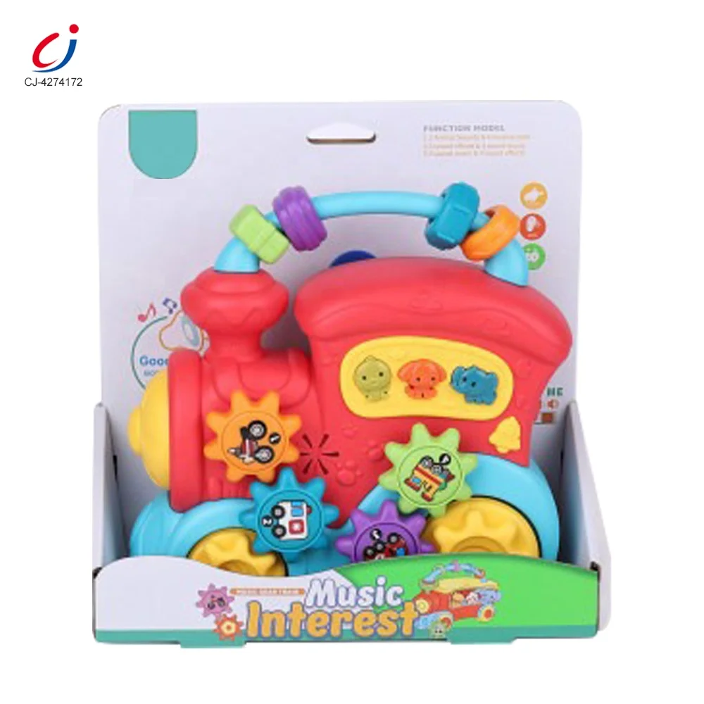Chengji b/o cartoon train toy early educational baby plastic electric flashing rotating gear train with music
