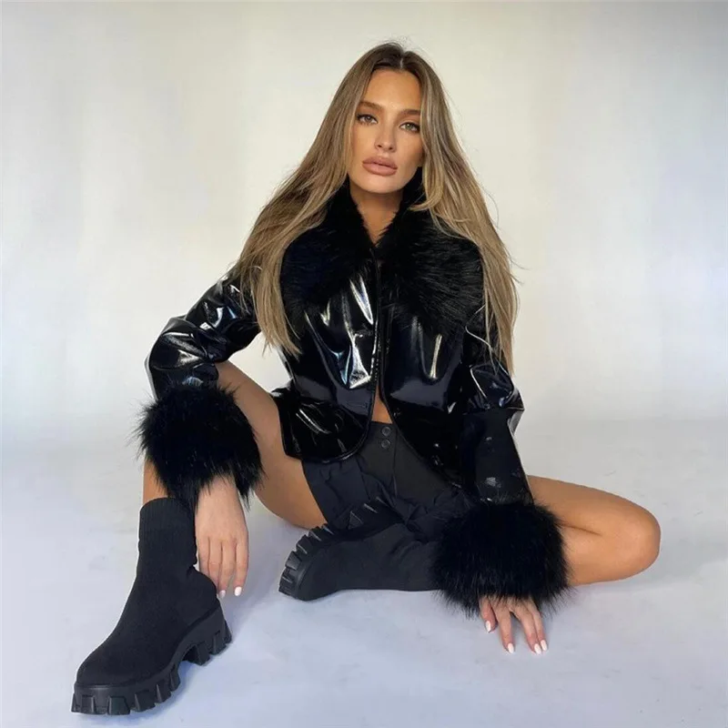 Autumn Fashion Fit Long Sleeve Fitness Jacket Fur Collar Single Breasted Slim Body Warm PU Leather Coat For