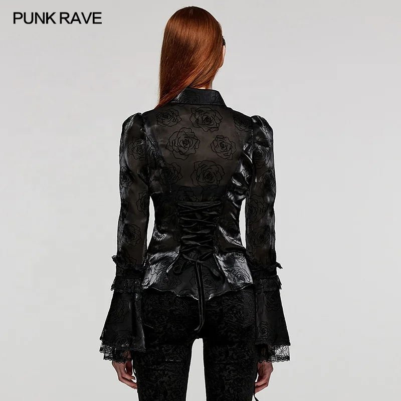 PUNK RAVE WLY-104XCF Goth Vintage Rose Patterned Shirt Sexy Perspective Slim Organza Shirt Lolita Flared Sleeves Lace Blouse