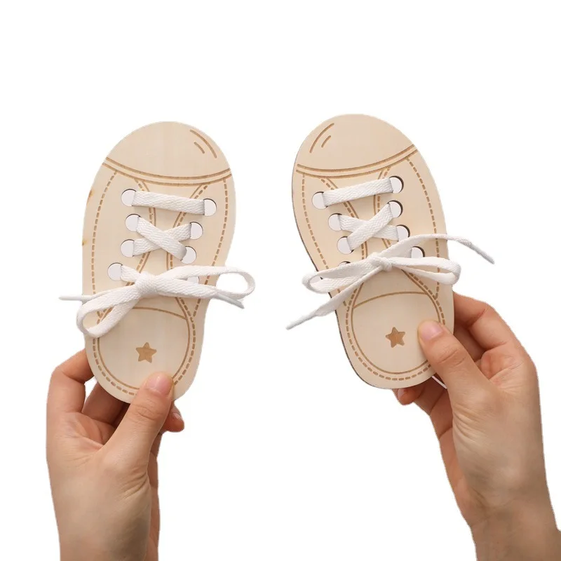 Wooden shoe wearing rope shoe board exercise children learn to tie shoelaces wood chip shoe board children