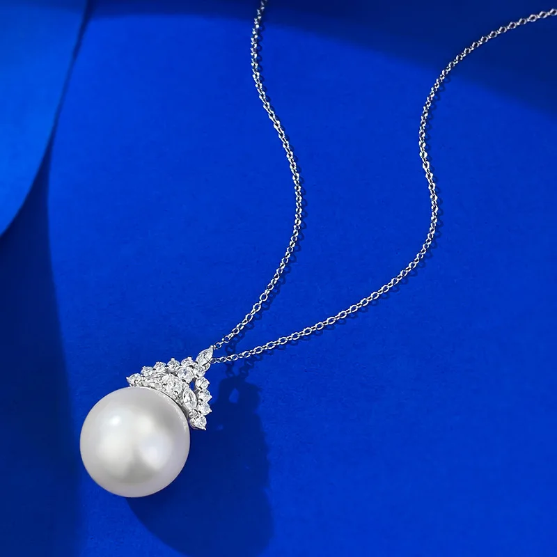 Europe And America New S925 Silver Zirconia Jewelry, Crown Design 16mm Pearl Necklace Pendant Female Daily Fashion
