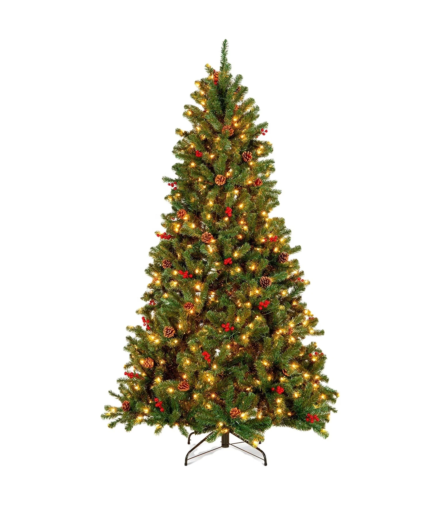 
6ft Prelit Spruce Hinged Artificial Christmas Tree with 798 Tips 29 Pinecones 29 Berries 250 Lights Metal Base 