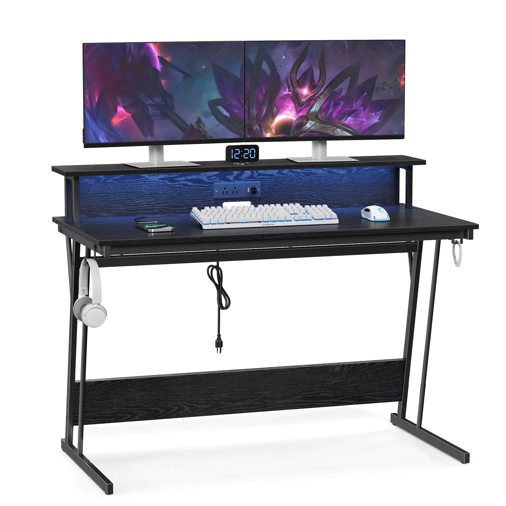 VASAGLE LED Desk with Monitor Shelf Gaming Desk with LED Lights and Built-in Power Outlets Computer Desk for 2 Monitors