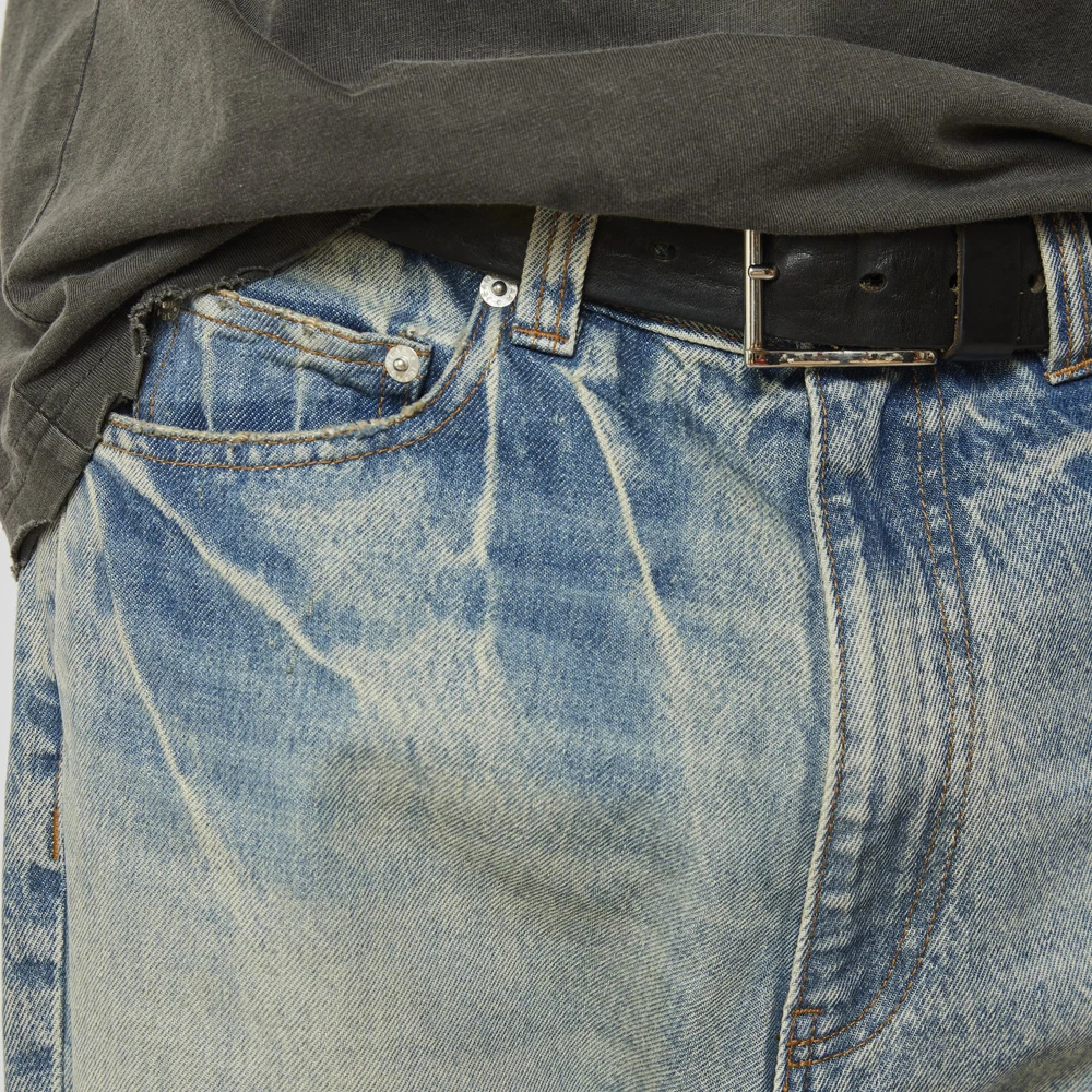 Custom Mens Vintage Indigo Stone Enzyme Wash Distressed Pockets Hem Denim Jeans Vintage Bootcut Jean