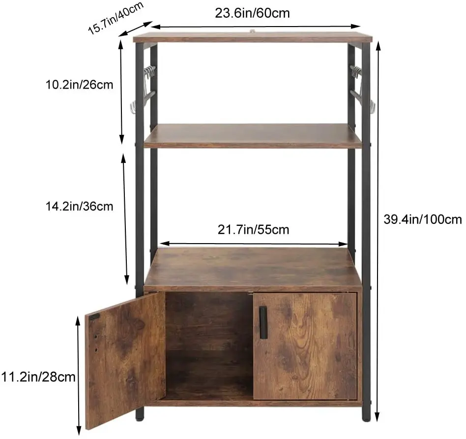 Brown  Rack With 1 Cabinet And 8 S Hooks 3 Tier Industrial Utility Stand Cart Multipurpose Microwave Oven Kitchen Storage Shelf
