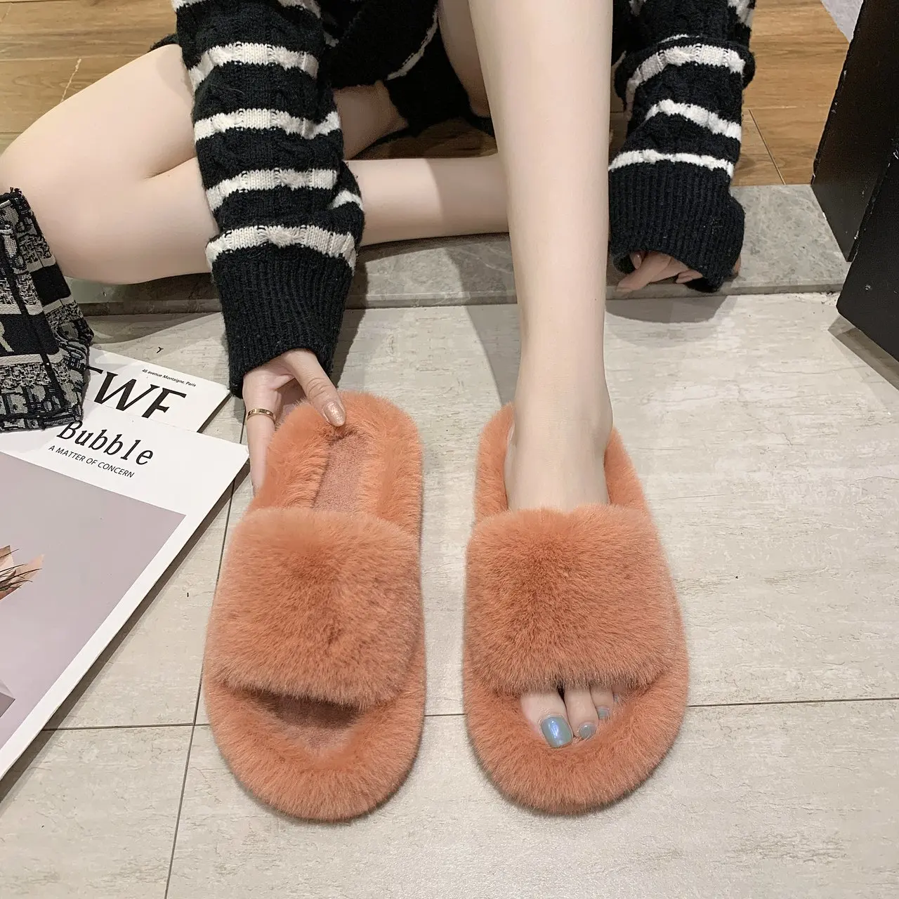 Moyo  Beauty Comfort Warm cotton Home Slides Increased Pure Color Peep-toe fluffy Slippers For Women Winter  Slippers  For Women