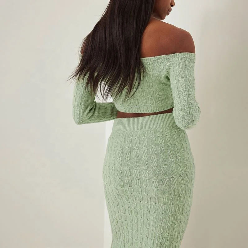 2022 Wholesale Two Piece Set Ladies Skirts Off Shoulder Crop Tops Midi Skirt 2 Women Sweater Fleece Knitted Autumn Suit