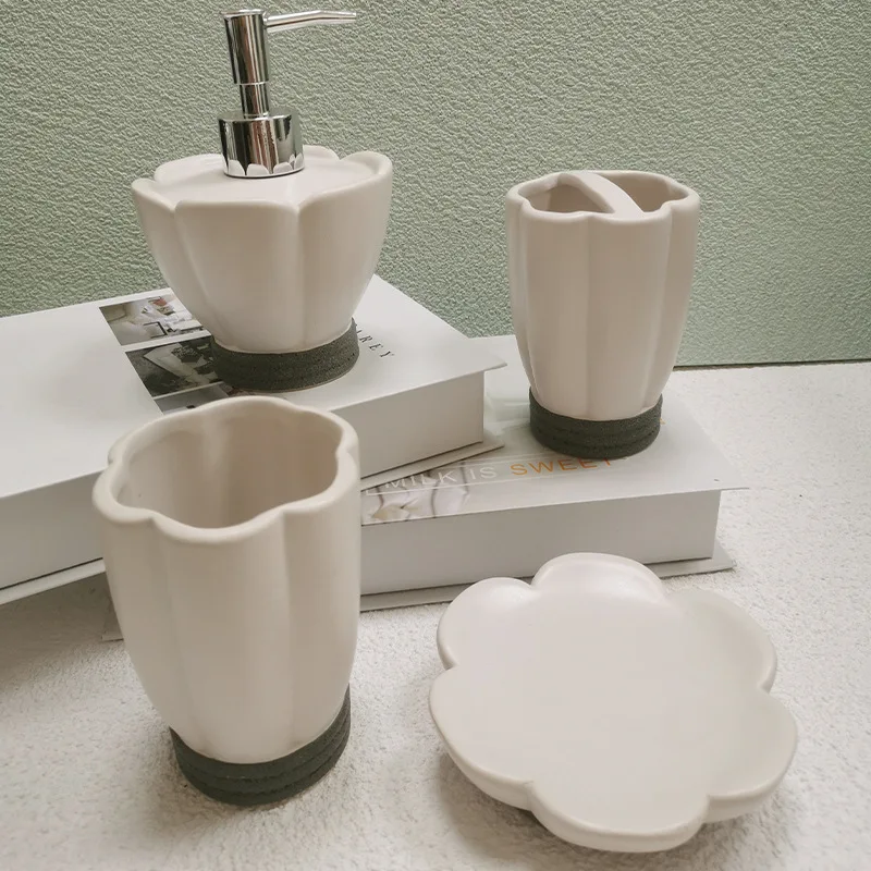 White Lotus Design Luxury Ceramic Bathroom Accessories Lotion Pump Bottle Toothbrush Holder Tumbler Cup Soap Dispenser
