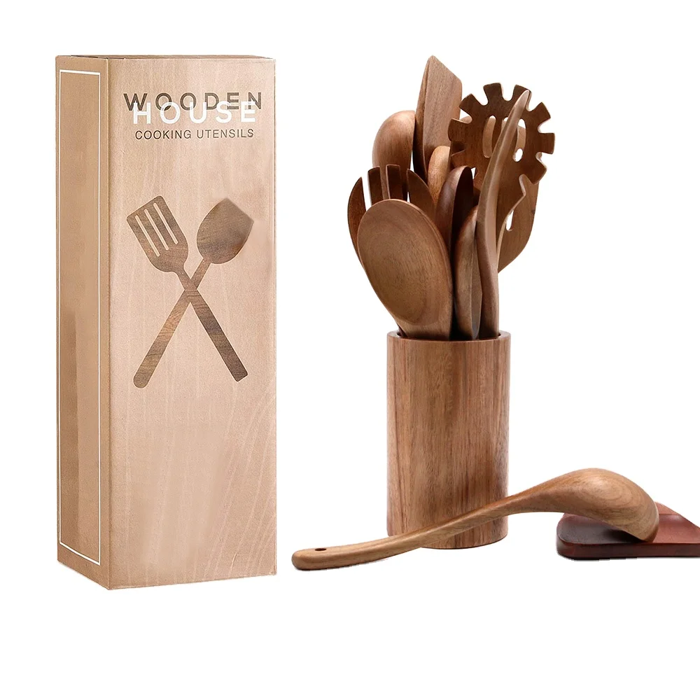 Kichen Accessories Cuisine Acacia Best Non Stick Utensils Set Wood Kitchen Spatulas Wooden Spoons for Cooking Set for Kitchen