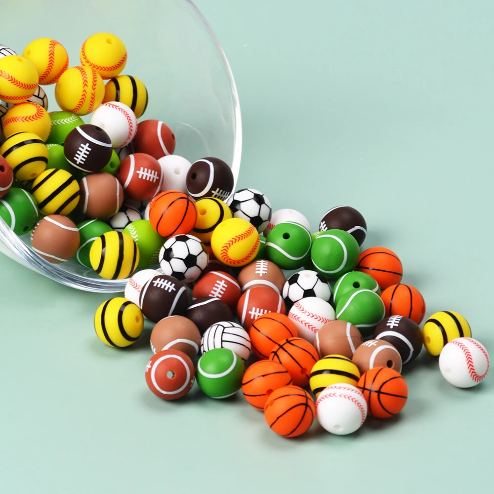 New In Stocks Sports Series 15mm Round Silicone Beads Baseball Volleyball Soccer Rugby Tennis Basketball Printed Silicon Beads