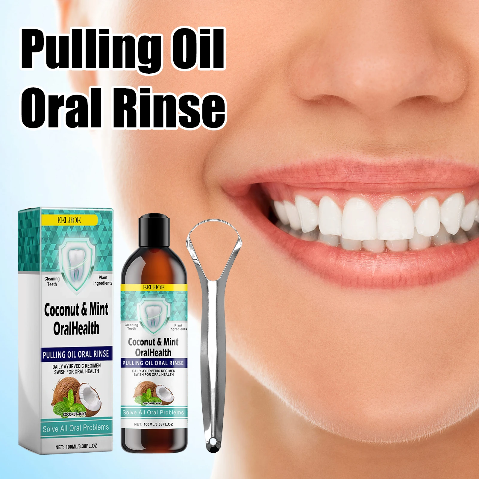 Coconut Oils with Peppermint Alcohol-Free Mouthwash for Fresh Breath &Gum Health Pulling Oil Mouth Wash with Tongue Scraper