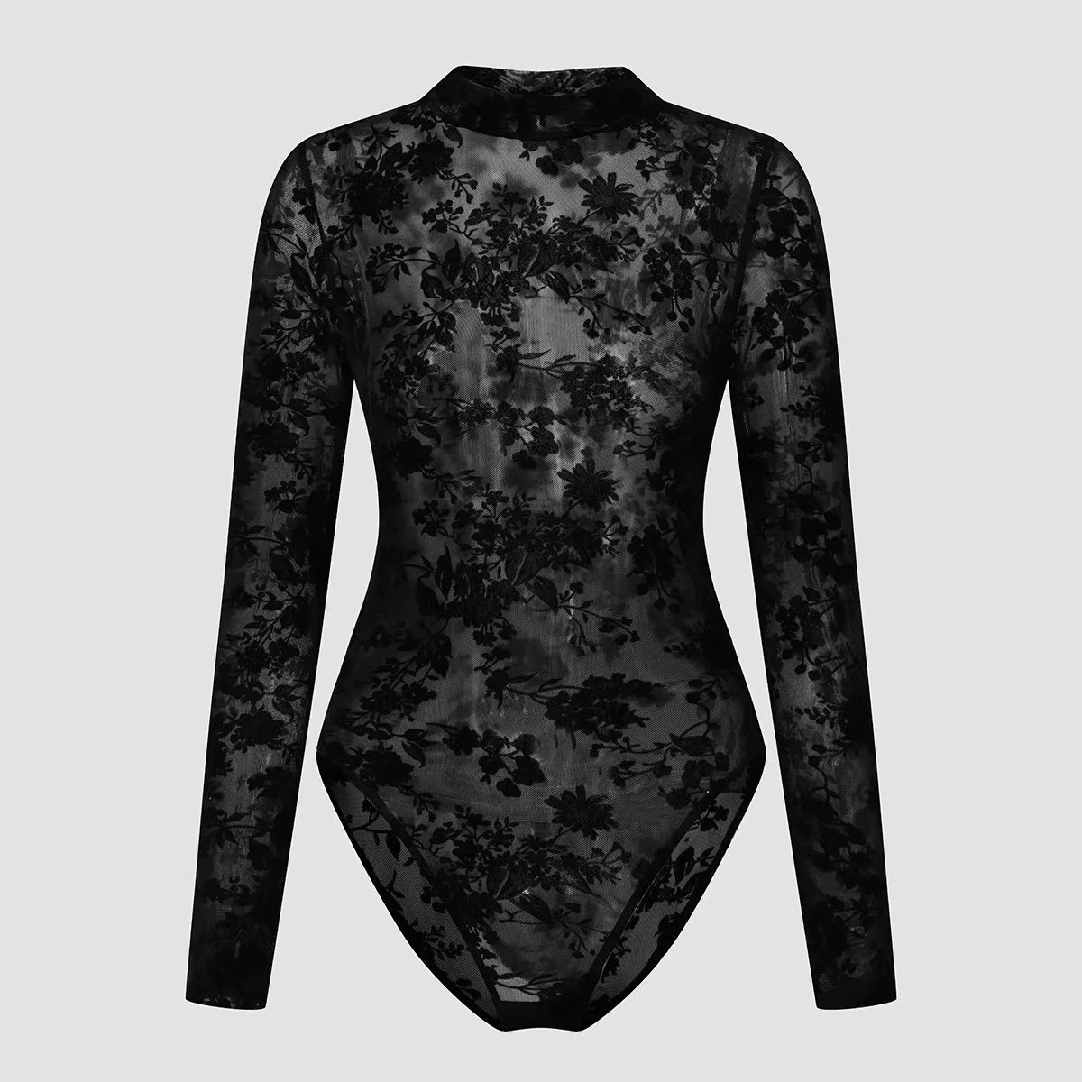 JL24902 Fashion Black Bodysuit for Women Black Lace Long Sleeve Bodysuit for Women Rose Zebra Pattern Lace Bodysuit