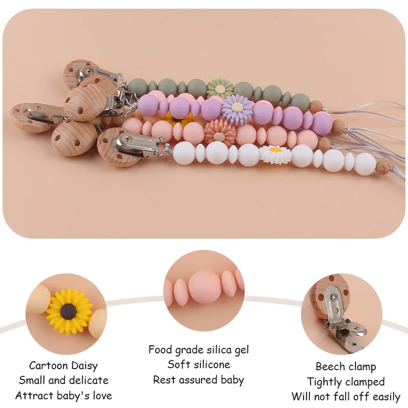 New Natural Food Grade Silicone Beads Cute Small Daisy bead Pacifier Clips Pacifier Holder Chain