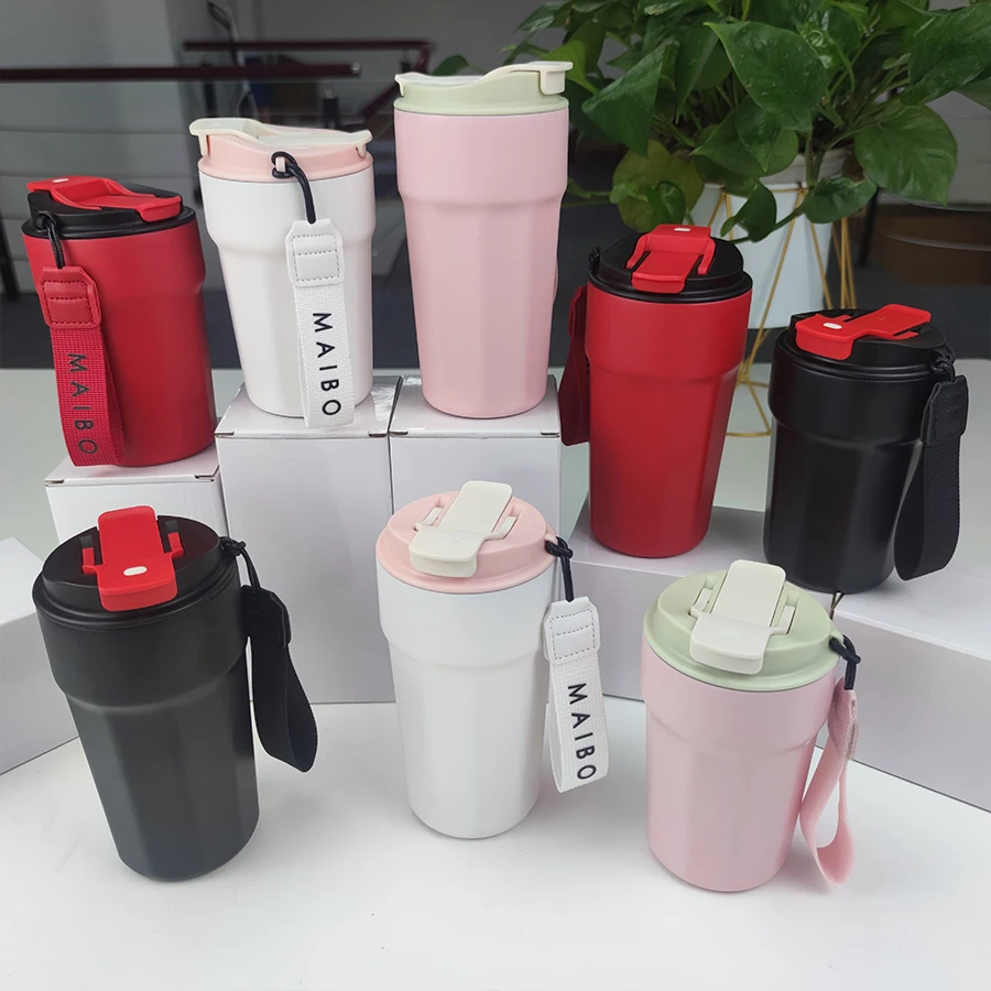 Custom Logo Double Bubbler 380Ml 500Ml Stainless Steel Travel Cup Coffee Insulated Mugs with Lid and Straw Cover