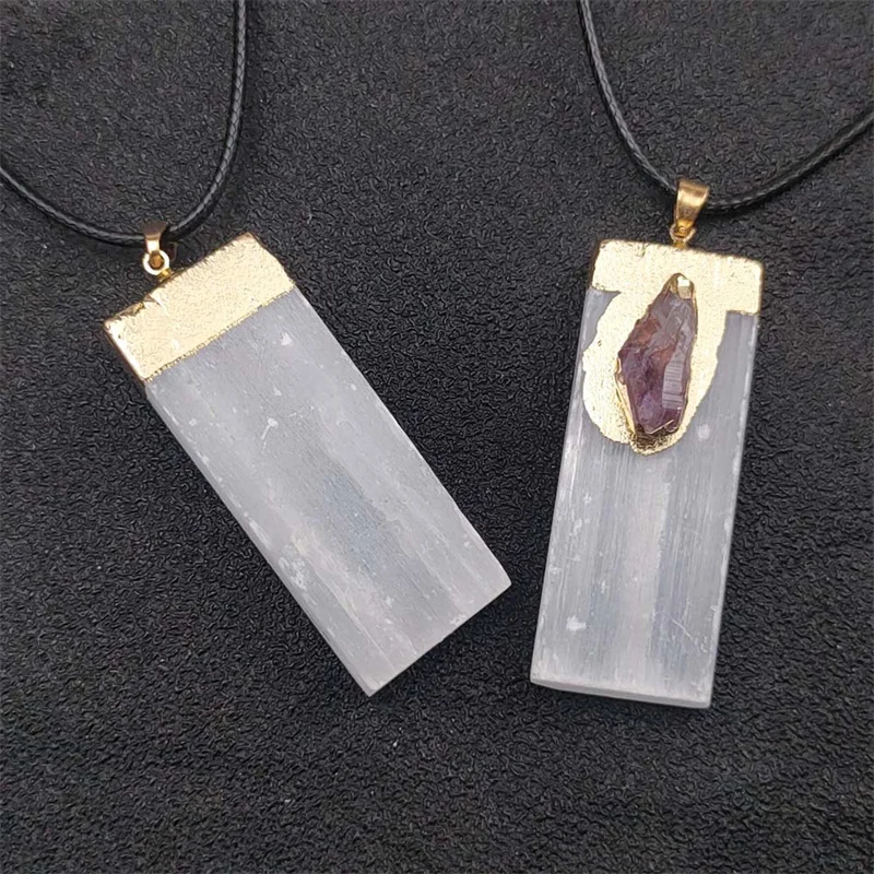 natural car pendant hanging moroccan selenite stick amethyst black tourmaline selenite charing plate wand stick pendant necklace